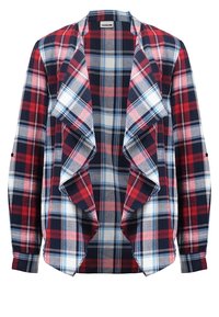 Röd, marinblå och vit rutig skjortjacka med draperad framtill, långa ärmar och avslappnad passform. Materialet verkar mjukt med en något texturerad yta.