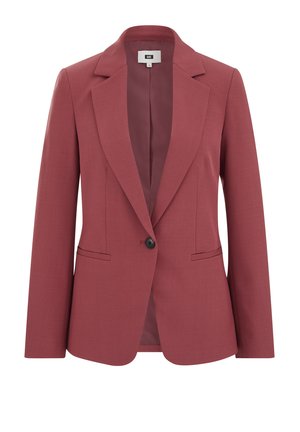 Roze blazer met één knoop, klepzakken, lange mouwen en kraag met inkeping, weergegeven op een witte achtergrond.