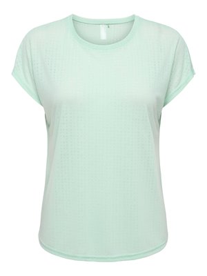 Camiseta de mujer de manga corta de color verde claro con cuello redondo y textura sutil, mostrada sobre un fondo blanco.