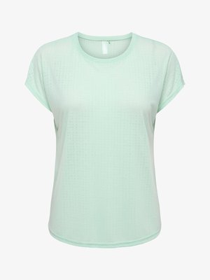 Maglietta donna verde chiaro a maniche corte con scollo rotondo e texture sottile, mostrata su uno sfondo bianco.