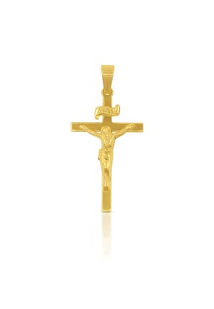 Goldkreuz-Anhänger mit einer detaillierten Figur von Christus, einer glatten, polierten Oberfläche und einem Band, das oben mit "INRI" beschriftet ist.