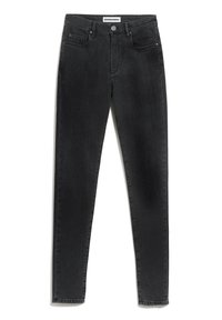 Jeans skinny de mezclilla negra con un diseño clásico de cinco bolsillos, cierre de botón y un ligero desgaste. Textura suave y ajuste entallado.