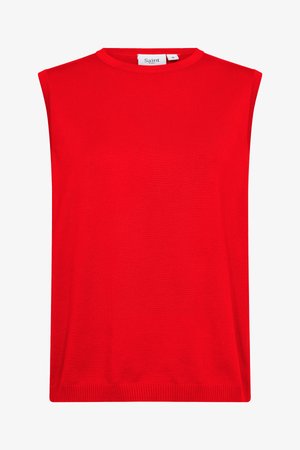 Mouwloze rode brei-top met een ronde hals en ribbelrand, maat medium, label zegt "Saint Tropez."