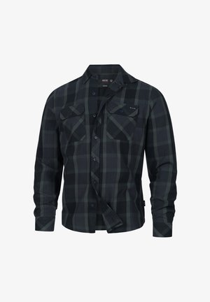 Dark green and black plaid long-sleeve shirt with front buttons and two chest pockets, shown partially unbuttoned on white background.