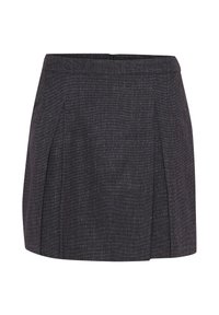 Une mini-jupe gris foncé en tissu texturé avec un éclat subtil, dotée de plis et d'une fermeture éclair dissimulée à l'arrière.