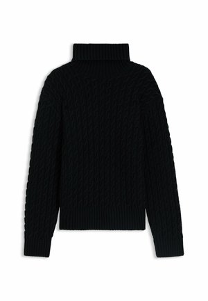Maglione nero lavorato a maglia con colletto alto, motivo a trecce e polsini e orlo a costine. La texture è spessa e accogliente.