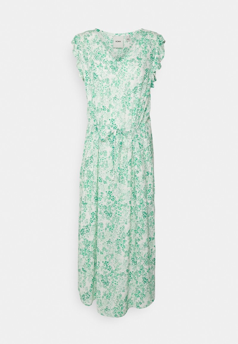 Robe midi blanche sans manches avec imprimé floral vert et ceinture à cordon à la taille.