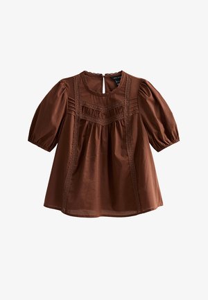 Braune Puffärmelbluse mit Spitzenbesatz, plissierten Frontdetails, rundem Ausschnitt und Rückenknopfverschluss.