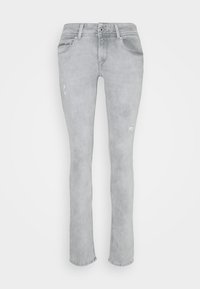 Jasnoszare jeansy denimowe, dopasowany krój, design z pięcioma kieszeniami, przetarcia na przodzie, zapięcie na zamek i guzik, subtelna tekstura wyblakła.