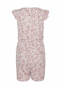 Mono corto con estampado floral en rosa claro, con mangas cortas con volantes, cintura elástica y longitud por encima de la rodilla. Fabricado con tejido texturizado.
