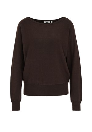 Rjav pulover s širokim izrezom, dolgimi rokavi in prilegajočim robom. Narejen iz mehkega, lahkotnega materiala z gladko teksturo.