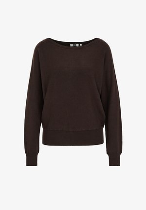 Rjav pulover s širokim izrezom, dolgimi rokavi in prilegajočim robom. Narejen iz mehkega, lahkotnega materiala z gladko teksturo.