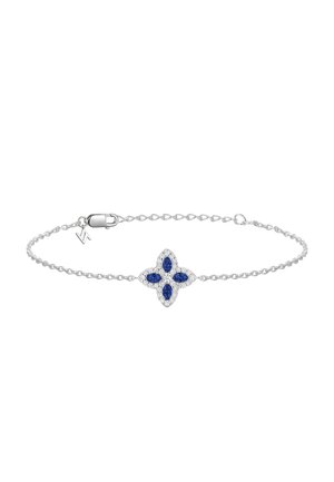 Silver bracelet featuring a floral design with five blue gemstones at the center, surrounded by small clear crystals on a delicate chain.