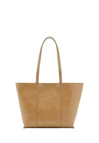 Geantă tote din piele naturală, de culoare tan, cu mânere lungi, design structurat, formă rectangulară și textură subtilă. Dispune de o cusătură vizibilă pe margini.