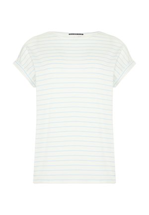 T-shirt bianca a maniche corte con strisce orizzontali azzurro chiaro, scollo rotondo e vestibilità casual. Realizzata in morbido cotone.