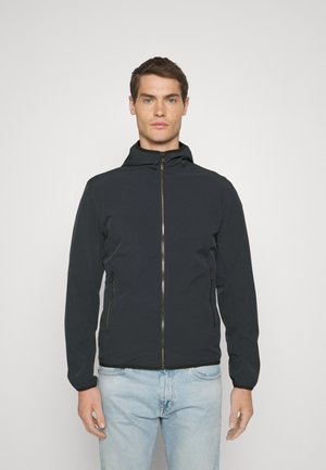 Dunkelblaue Zip-Jacke mit Kapuze, ausgestattet mit Seitentaschen und elastischen Bündchen, aus glattem, leichtem Material gefertigt.
