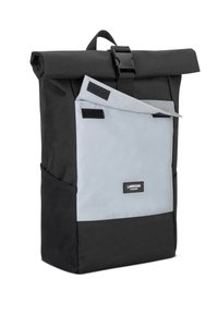 Black roll-top backpack with a grey front pocket, made from durable fabric, featuring a buckle closure and Velcro accents.