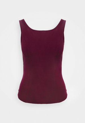Top senza maniche bordeaux con scollo rotondo, realizzato in tessuto liscio, caratterizzato da un design aderente e dettagli sulla cucitura laterale.
