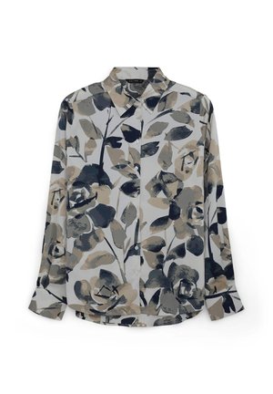 Langärmliges Hemd mit Knopfleiste aus hellgrauem Stoff, der große dunkle florale Muster in Marineblau und Beige zeigt. Klassischer Kragen und entspannter Schnitt.