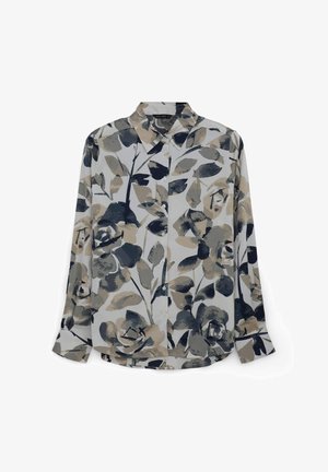Camicia con maniche lunghe e bottoni, realizzata in un tessuto grigio chiaro con grandi motivi floreali scuri in tonalità blu navy e beige. Colletto classico e vestibilità comoda.