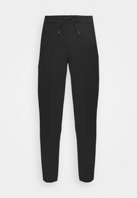Pantalons noirs en tissu lisse. Dotés d'une taille à cordon de serrage, de jambes effilées et de coutures latérales discrètes pour un détail supplémentaire.