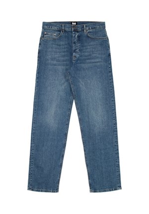 Blaue Denim-Jeans mit geraden Beinen, Fronttaschen, Knopf- und Reißverschluss sowie dezenten, ausgewaschenen Details an den Oberschenkeln.