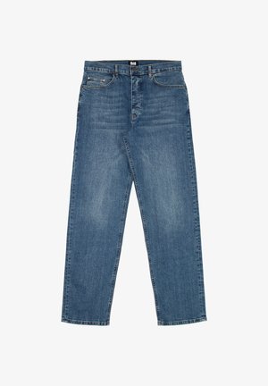 Blaue Denim-Jeans mit geraden Beinen, Fronttaschen, Knopf- und Reißverschluss sowie dezenten, ausgewaschenen Details an den Oberschenkeln.