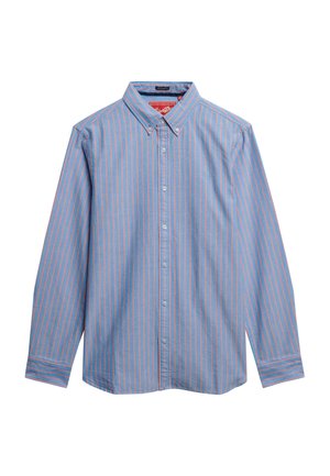 Blauw- en roze gestreepte lange mouwen button-up shirt met een kraag, met een klassieke pasvorm en een zak aan de linkerkant.
