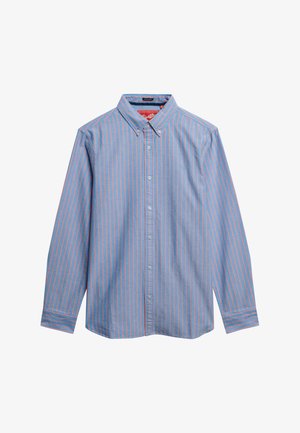 Blue and pink striped long-sleeve button-up shirt with a collar, featuring a classic fit and a pocket on the left side.