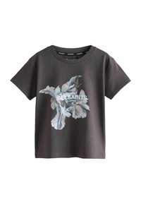 Tumši pelēks kokvilnas T-krekls ar gaišu ziedu grafiku un baltajiem burtiem "ALLSAINTS LONDON" uz priekšpuses. Apaļš kakls un īsas piedurknes.