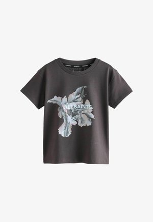 Donkergrijze katoenen T-shirt met een lichte bloemenafbeelding en witte tekst "ALLSAINTS LONDON" op de voorkant. Ronde hals en korte mouwen.