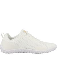 White mesh sneakers with a textured surface, featuring a rounded toe, lace-up design, and a white rubber sole with geometric patterns.