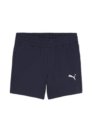 Marineblaue Sportshorts mit einem elastischen Bund, zwei seitlichen Taschen und einem weißen Puma-Logo am linken Bein.