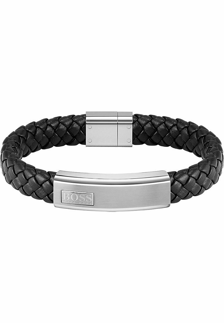 Black braided leather bracelet featuring a polished stainless steel clasp and rectangular plate with engraved logo.