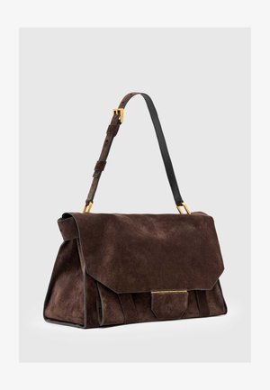 Brown suede handbag with a fold-over flap, gold hardware accents, and a detachable leather strap. Features side pleats for design detail.