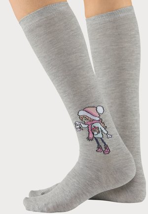 Gray knee-length socks featuring a colorful embroidered design of a girl in winter attire, with details including a pink scarf and hat.