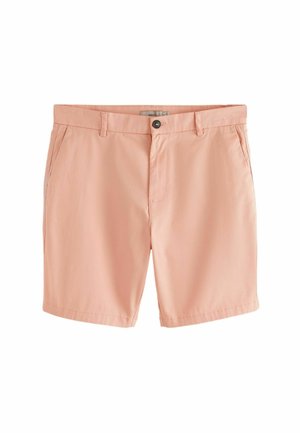 Pantalones cortos para hombre de color rosa claro con botón frontal, cremallera, trabillas para cinturón y bolsillos laterales sobre un fondo blanco.