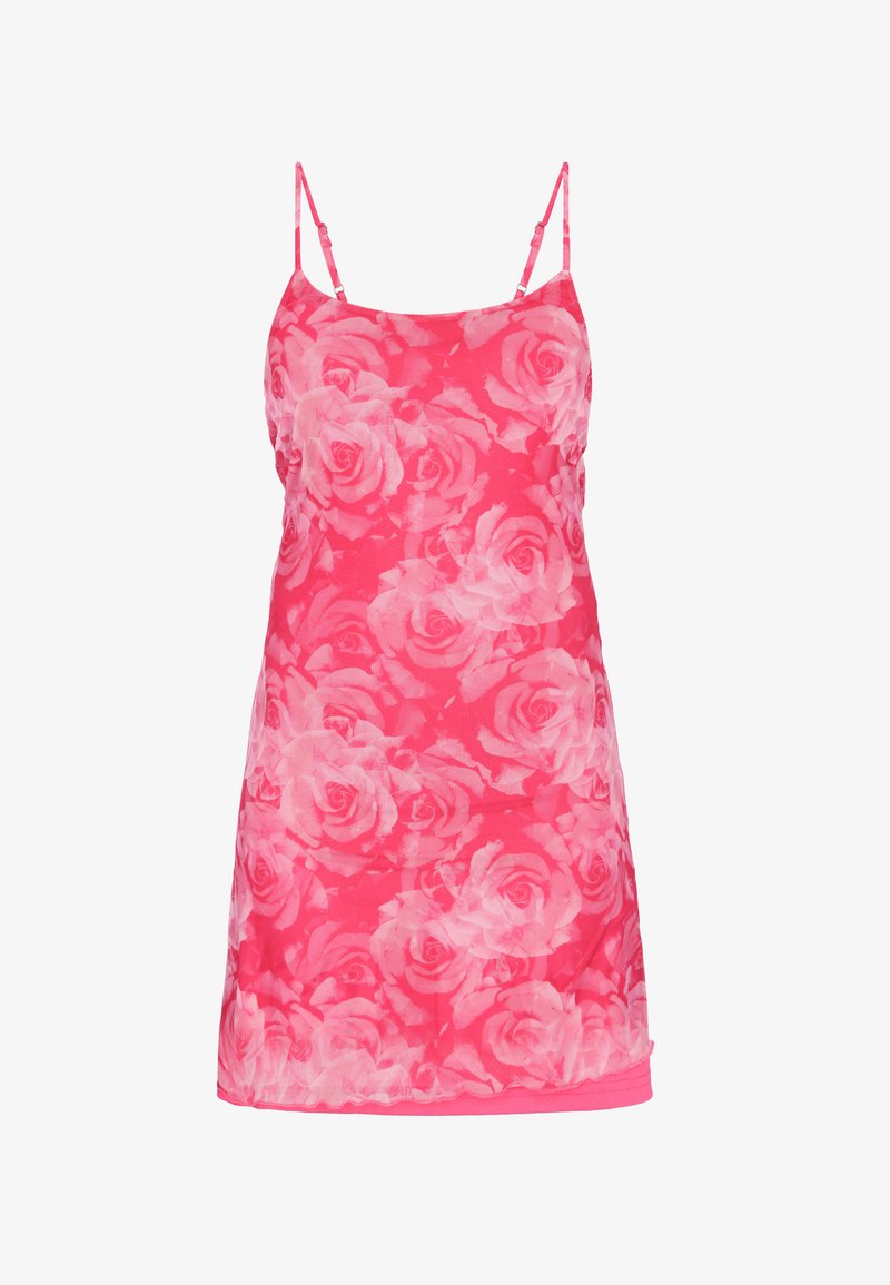 Mini-robe rose sans manches avec bretelles spaghetti ajustables et motif floral de roses roses claires sur l'ensemble.
