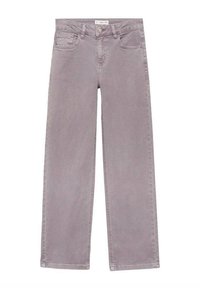 Prahové široké džíny v prachově fialové barvě s pěti kapsami, zapínáním na knoflík a poutky na pás; vyrobené z denimu s měkkým, strukturovaným povrchem.