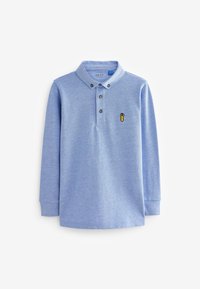 Blauw polo shirt met lange mouwen, gemaakt van textuurstof, met een kraag, een placket met drie knopen en een klein geborduurd geel logo op de borst.