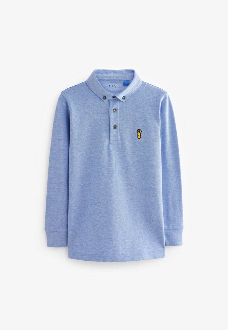 Blauw polo shirt met lange mouwen, gemaakt van textuurstof, met een kraag, een placket met drie knopen en een klein geborduurd geel logo op de borst.
