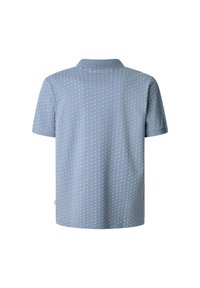 Modrá polo košile s krátkým rukávem, s texturovaným vzorem malých bílých čtverců. Obsahuje standardní límec a má rovný lem.