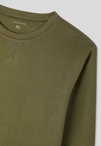 Felpa verde oliva con scollatura rotonda, polsini a costine e cuciture sulle spalle. Realizzata in un tessuto morbido, etichettata "Terranova" nella taglia XL.