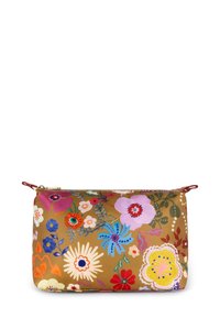 Bruine fleurige ritszak met kleurrijke bloemenpatronen, gemaakt van een gladde synthetische stof en versierd met decoratieve stiksels.