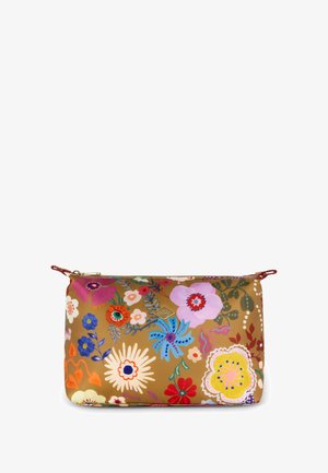 Bruine fleurige ritszak met kleurrijke bloemenpatronen, gemaakt van een gladde synthetische stof en versierd met decoratieve stiksels.