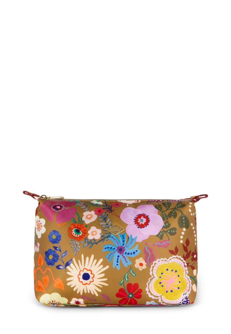 Bruine fleurige ritszak met kleurrijke bloemenpatronen, gemaakt van een gladde synthetische stof en versierd met decoratieve stiksels.