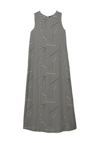 Robe sans manches en noir et blanc présentant un motif géométrique composé de rayures de différentes épaisseurs disposées en formes rectangulaires.