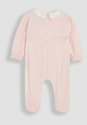 Vaaleanpunainen ruudullinen haalari pitkähihaisilla hihoilla, valkoisella aaltoilevalla kauluksella ja nappisulkimella takana. Pehmeä puuvillakangas, jossa on joustavat hihansuut.