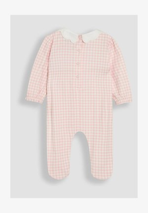 Roza karirana kombinezon s dugim rukavima, bijela ovratnica s valovima i kopčanje na leđima. Mekani pamučni materijal s elastičnim manžetama.