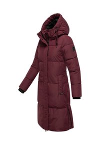 Long padded maroon winter coat with hood, front zipper, side pockets, and arm patch, designed for cold weather protection.